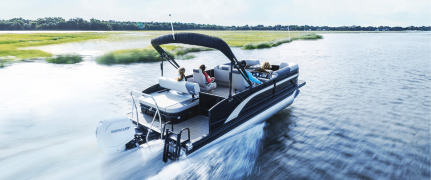 pontoon on lake with mercury outboard engine